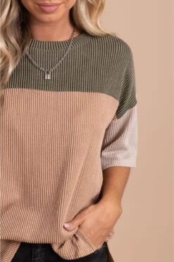 Casual Friday Ribbed Color Block Top -Outlet Bella Ella Boutique Store CasualFridayRibbedColorBlockTopolivecloseup 5000x