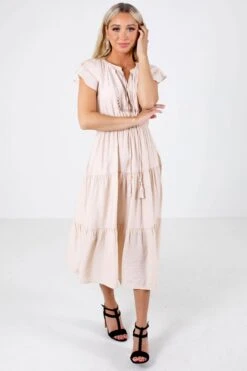 Folklore Beige Midi Dress -Outlet Bella Ella Boutique Store Folklore Beige Dress Full Front 5000x