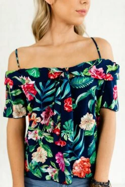 Island Dreaming Navy Cold Shoulder Top 11 Island Dreaming Navy Cold Shoulder Top -Outlet Bella Ella Boutique Store Island Dreaming Navy Off The Shoulder Top closeup2 5000x