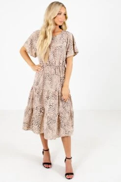 Roaming Free Tan Patterned Midi Dress 10 Roaming Free Tan Patterned Midi Dress -Outlet Bella Ella Boutique Store Roaming Free Tan Dress Full Front 5000x