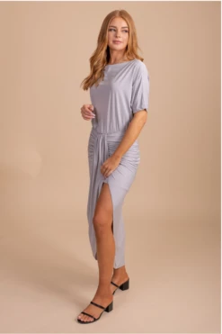 Show Off One-Shoulder Midi Dress -Outlet Bella Ella Boutique Store ShowOffOff ShoulderFront2Silver 5000x