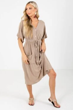 Storm Chaser Brown Midi Dress -Outlet Bella Ella Boutique Store Storm Chaser Brown Dress Full Front 5000x