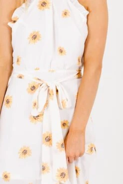 Sunflower Garden White Floral Midi Dress 11 Sunflower Garden White Floral Midi Dress -Outlet Bella Ella Boutique Store Sunflower Garden White Dress Detail 5000x