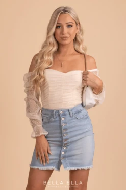 IRIS Sweet Romance Sheer Accent Long Sleeve Bodysuit -Outlet Bella Ella Boutique Store SweetRomancelacebodysuitoffshoulder 5000x