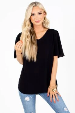 Taking Chances Flutter Sleeve Blouse -Outlet Bella Ella Boutique Store Taking Chances Black Blouse Front 5000x