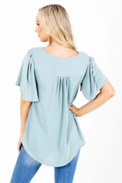 Taking Chances Flutter Sleeve Blouse -Outlet Bella Ella Boutique Store Taking Chances Green Blouse Back 5000x