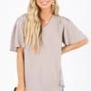 Taking Chances Flutter Sleeve Blouse -Outlet Bella Ella Boutique Store Taking Chances Taupe Blouse Front 5000x