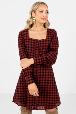 The Girl Next Door Burgundy Plaid Mini Dress 18 The Girl Next Door Burgundy Plaid Mini Dress -Outlet Bella Ella Boutique Store The Girl Next Door Burgundy Dress Front2 5000x