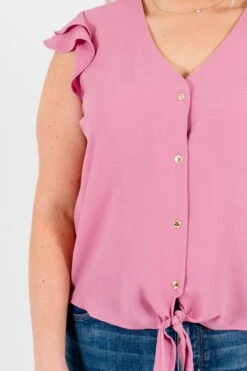Think Pink Mauve Tie-Front Shirt 13 Think Pink Mauve Tie-Front Shirt -Outlet Bella Ella Boutique Store Think Pink Mauve Tie Front Shirt Detail 5000x
