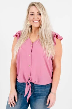 Think Pink Mauve Tie-Front Shirt 19 Think Pink Mauve Tie-Front Shirt -Outlet Bella Ella Boutique Store Think Pink Mauve Tie Front Shirt Front 5000x