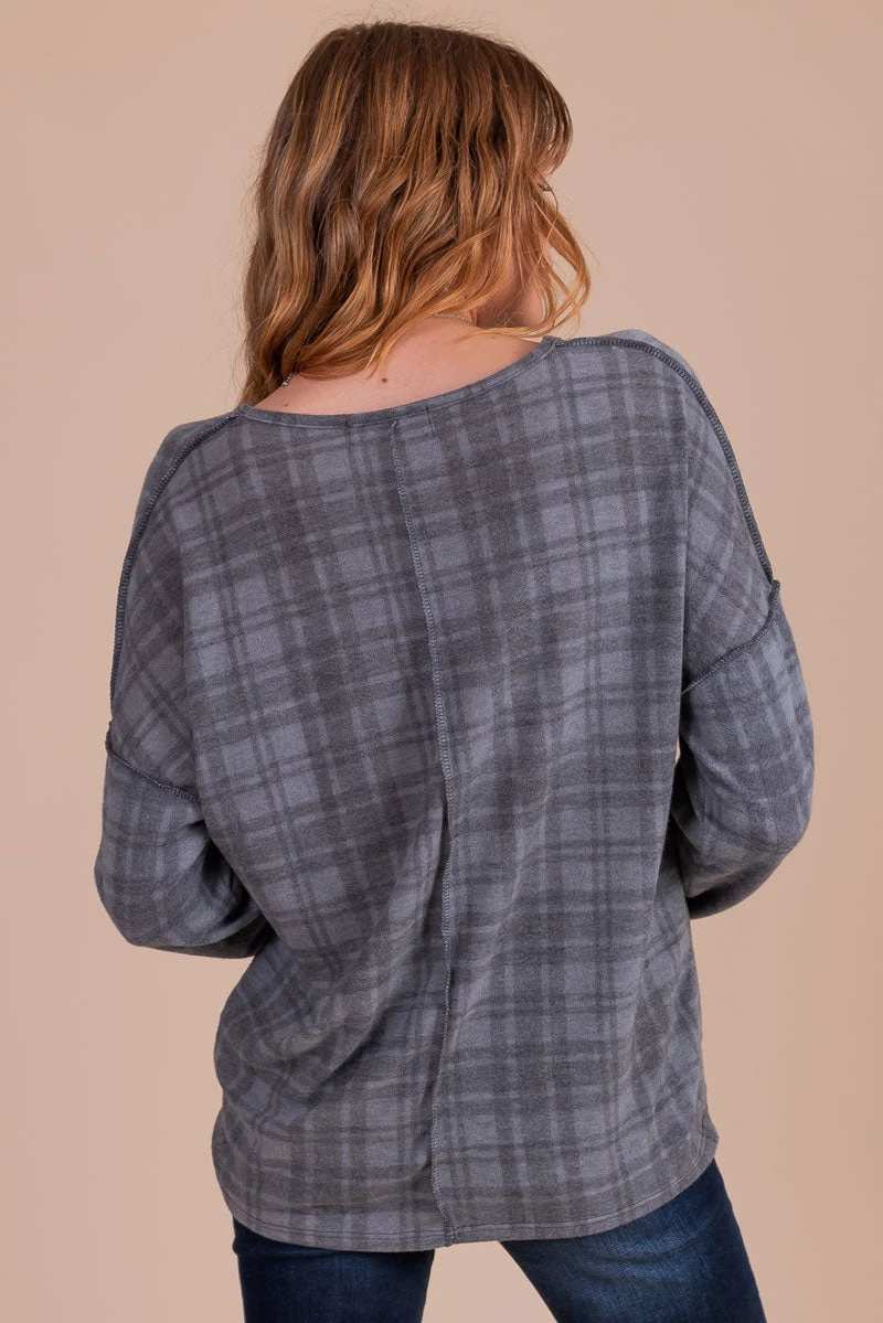 Midnight Sky Long Sleeve Plaid Top - Dark Gray 6 Midnight Sky Long Sleeve Plaid Top - Dark Gray - Image 4
