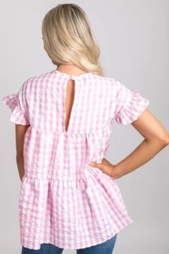 Be Unforgettable Gingham Peplum Top -Outlet Bella Ella Boutique Store be unforgettable pink back 5000x