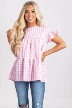 Be Unforgettable Gingham Peplum Top -Outlet Bella Ella Boutique Store be unforgettable pink front 5000x