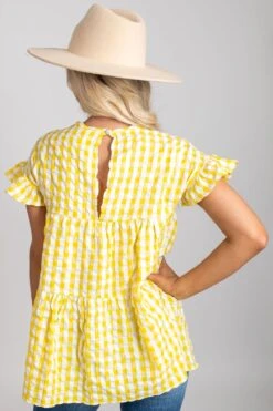 Be Unforgettable Gingham Peplum Top -Outlet Bella Ella Boutique Store be unforgettable yellow back 5000x
