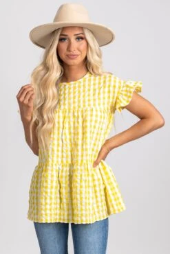 Be Unforgettable Gingham Peplum Top -Outlet Bella Ella Boutique Store be unforgettable yellow front 5000x
