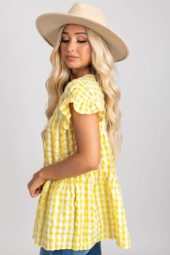 Be Unforgettable Gingham Peplum Top -Outlet Bella Ella Boutique Store be unforgettable yellow side 5000x