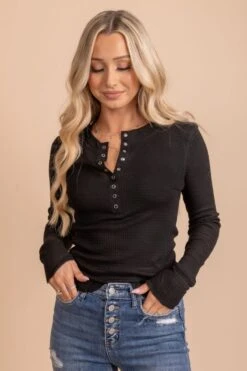 It's The Simple Things Waffle Knit Buttoned Top -Outlet Bella Ella Boutique Store black long sleeve featured 5000x