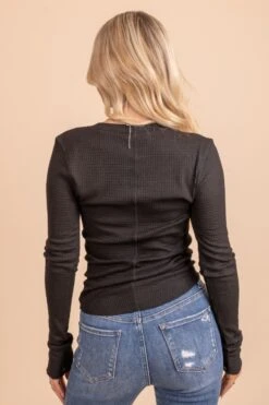 It's The Simple Things Waffle Knit Buttoned Top -Outlet Bella Ella Boutique Store black top back 5000x