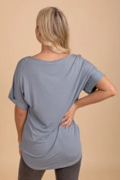 Wait For You V-Neck Top -Outlet Bella Ella Boutique Store blue gray back 5000x