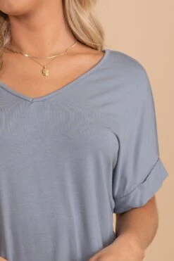 Wait For You V-Neck Top -Outlet Bella Ella Boutique Store blue gray detail 5000x