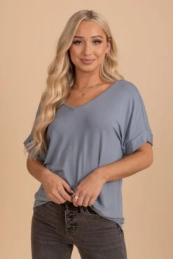 Wait For You V-Neck Top -Outlet Bella Ella Boutique Store blue gray front 5000x