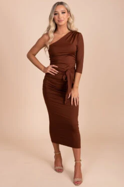 How Lovely You Are One-Shoulder Midi Dress -Outlet Bella Ella Boutique Store brown full 5754b0e3 37c2 4734 8b6c 2d6987332d3c 5000x