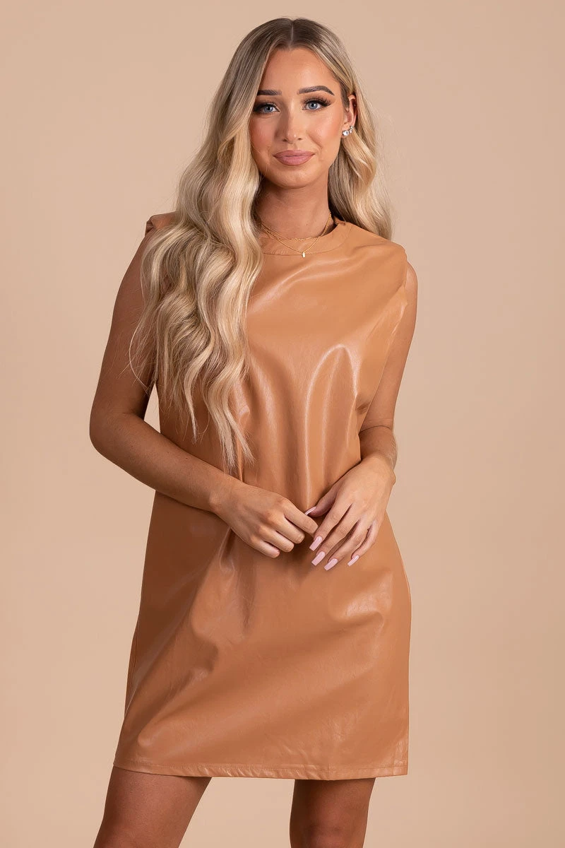 Be Fearless Faux Leather Mini Dress - Light Brown 3 Be Fearless Faux Leather Mini Dress - Light Brown