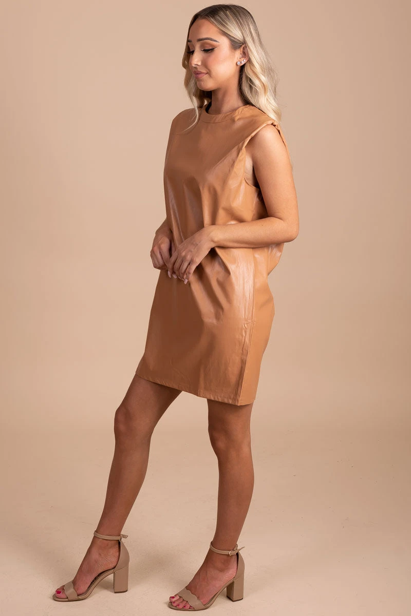 Be Fearless Faux Leather Mini Dress - Light Brown 4 Be Fearless Faux Leather Mini Dress - Light Brown - Image 2