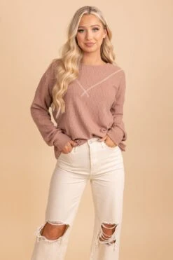 Winds Of Winter Waffle Knit Top -Outlet Bella Ella Boutique Store browntop 5000x