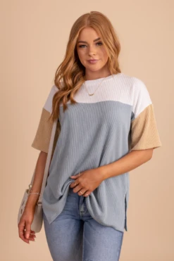 Casual Friday Ribbed Color Block Top -Outlet Bella Ella Boutique Store casualfridayribbedcolorblocktoplightbluefront 5000x