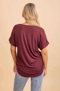 Wait For You V-Neck Top -Outlet Bella Ella Boutique Store dark burgundy back 5000x