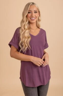 Wait For You V-Neck Top -Outlet Bella Ella Boutique Store eggplant top front 5000x