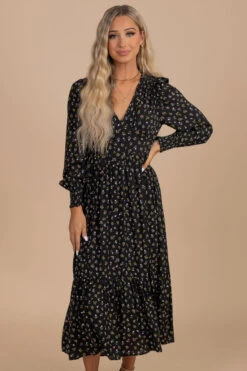 Paint The Sky Floral Print Midi Dress - Black