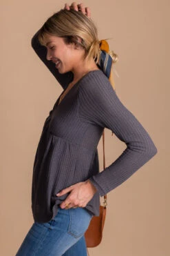 Here With You Long Sleeve Waffle Top -Outlet Bella Ella Boutique Store gray side 2596eb0e cdc5 4792 b75e 6eeb13626d7e 5000x