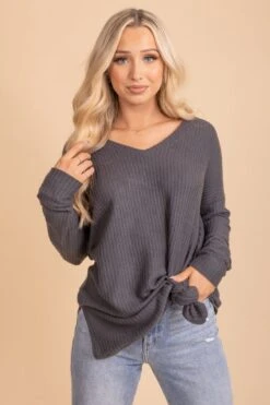 Spiced Cider V-Neck Waffle Top -Outlet Bella Ella Boutique Store gray sweater front 5000x