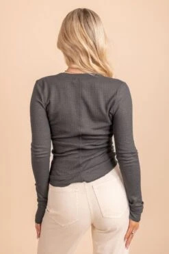 It's The Simple Things Waffle Knit Buttoned Top -Outlet Bella Ella Boutique Store gray top back 5000x
