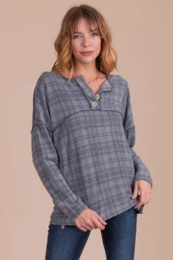 Midnight Sky Long Sleeve Plaid Top - Dark Gray