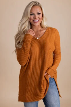 Spiced Cider V-Neck Waffle Top -Outlet Bella Ella Boutique Store orange main f7156448 448b 4d6a 94af 39f9938a7623 5000x